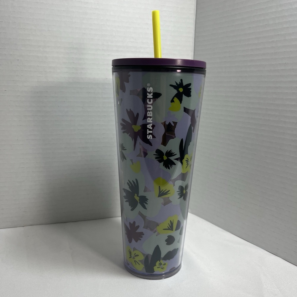 NWT Starbucks 2021 Pansy Lilac Purple‎ Yellow Floral 24oz Venti Tumbler